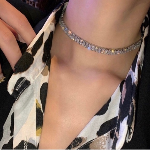 BAGUETTE CUT SQUARE SIMULATED DIAMOND CHOKER TENNIS 14k WHITE GOLD NECKLACE - Picture 6 of 6